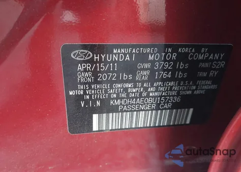 2011 Hyundai Elantra Limited (Ulsan Plant) from USA, damaged, VIN KMHDH4AE0BU157336